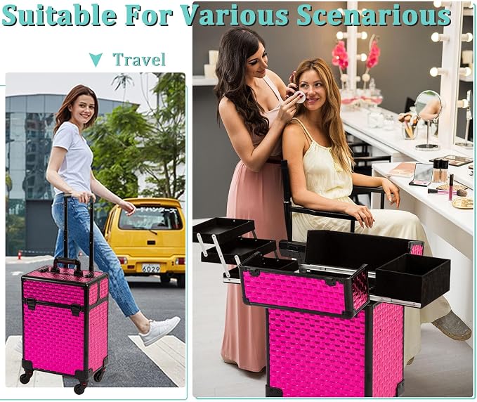 Arous Rolling Train Makeup Case Cosmetology Case on Wheels, Rose Red | Cosmetic Travel Trolley 4 Tray with Sliding Rail Removable Middle Layer with Key Salon Barber Case Traveling Cart Trunk - Image 5