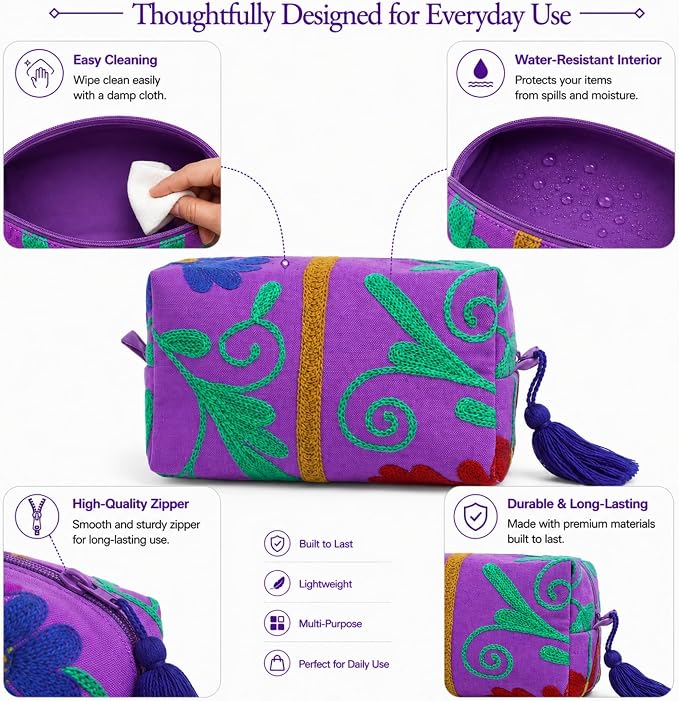 Huar Travel Makeup Bag- Large Capacity Cosmetic Bags for Women - Water Resistance Lining Portable Pouch & Open Toiletry Bag - Perfect Girls Makeup Organizer for Travel Essentials (Purple) - Image 3