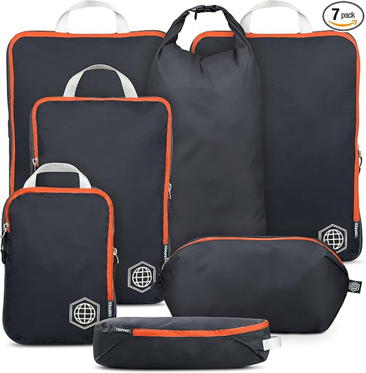 Large Compression Packing Cubes for Travel-Packing Cube Luggage Organizers 7 Piece Set for Checked Luggage-Ultralight, Expandable/Compression Bags by TRIPPED Travel Gear (Grey/Orange) by TRIPPEDTravelGear