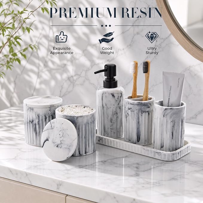 INIUNIK Bathroom Accessory Set, 6 Pieces, Marble White | Resin, Bathroom Accessories Set, with Soap Dispenser Set, Toothbrush Holders, Tumbler, Vanity Tray & 2 Qtip Holder - Image 6