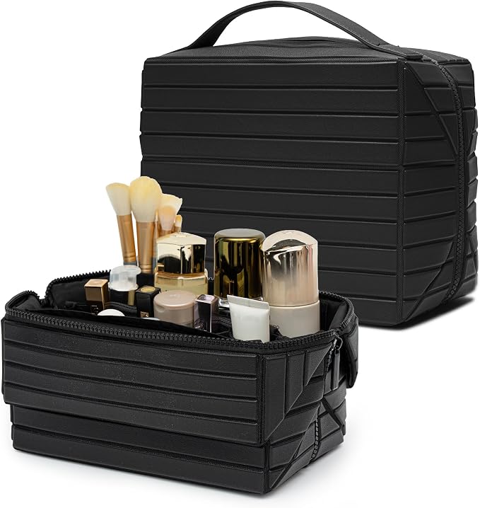 Minoisome Travel Makeup Bag,PU leather toiletry bag,make up organizer case for women,Large Capacity Cosmetic Bag,Wide-open Pouch Purse，Toiletries Accessories，Fold-Down Design and Adjustable Dividers. by Unknown