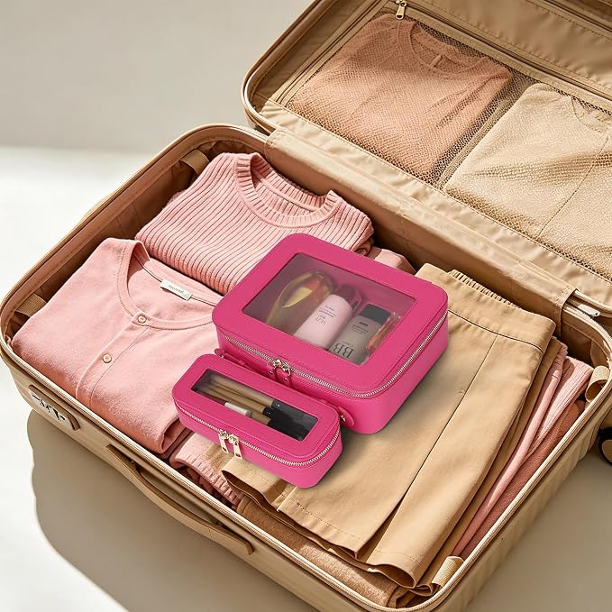 Clear Travel Makeup Bag, Fuxia, L+Slim | With Brush Bag, Transparent, Waterproof, With Zipper, For Women - Image 6