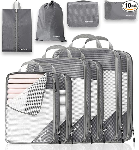 Compression Packing Cubes 10 Set, Compressible Space-Saving Packing Cubes for Travel - Compression Bags, Luggage Organizer, Travel Essentials for Women, Grey by NICOSHOW