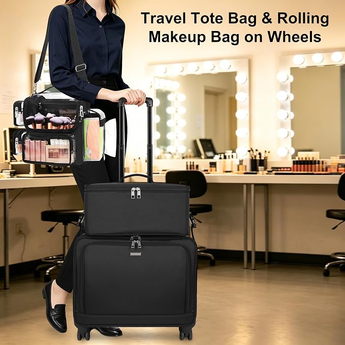 TANTO Rolling Makeup Train Case, Makeup Brushes Holder Extra Large Cosmetology Case on Wheels Professional Salon Travel Cosmetic Organizer for Makeup Artists with 7 Pouches & Swivel Wheels - Image 2