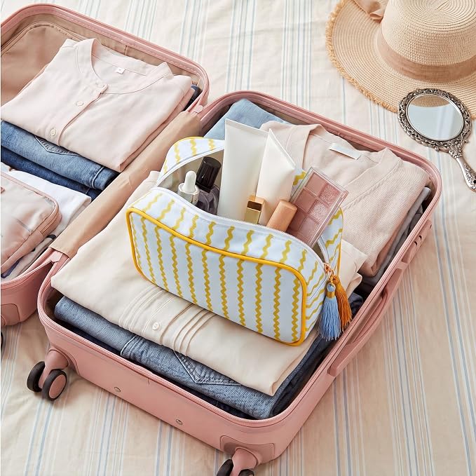 Kacctyen 6 Pack Mustard Yellow and Sage Green Striped Makeup Bag bulk with Tassel Travel Cosmetic Pouch Organizer Large Zipper Toiletry Case for Women Aesthetic Storage Pouch Mahjong Tile Bag - Image 7