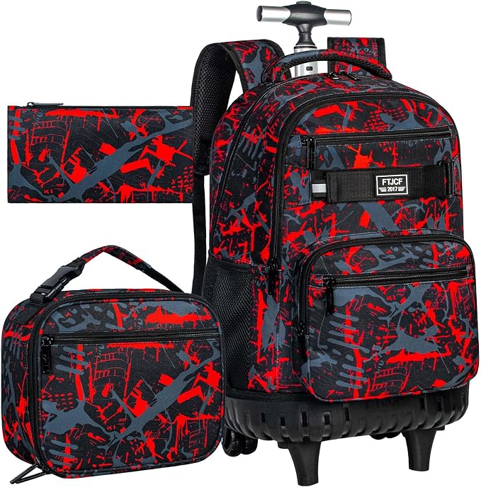 3Pcs Rolling Backpack for Boys, 19 Inche Adults Roller Bag with Wheels, Graffiti Wheeled Bookbag Set for Men(Red) by FTJCF