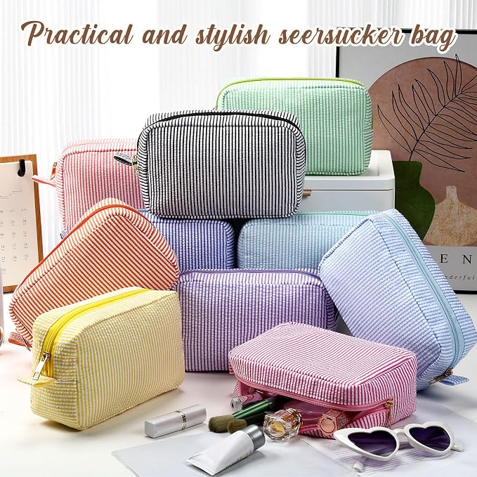 Sanwuta 10 Pcs Seersucker Cosmetic Bag Seersucker Makeup Bag Women Stripe Large Travel Toiletry Organizer Preppy Storage Pouch for Embroidery Wedding Bridesmaid Bride Mom (Multicolor) - Image 4