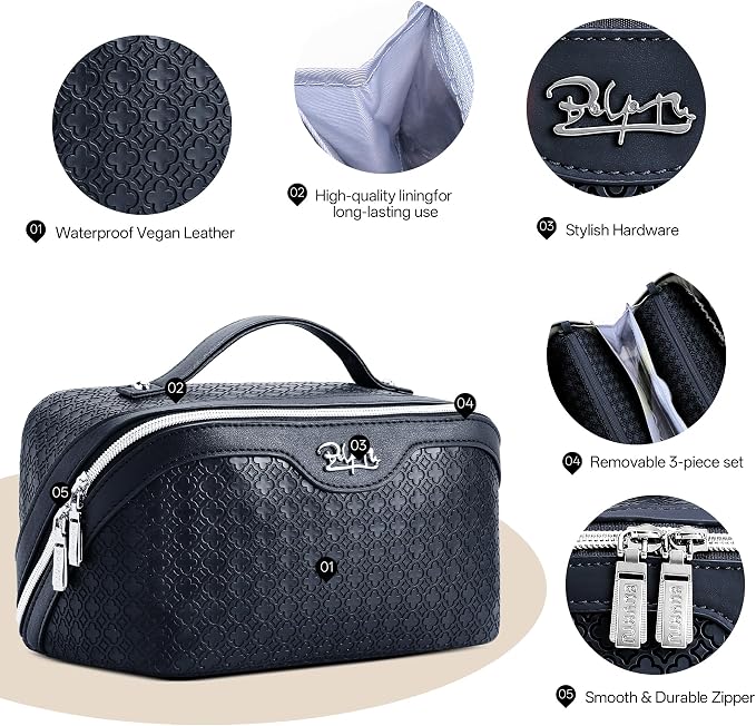BOYATU Travel Makeup Bag for Women: Four Leaf Clover Large Capacity 3 Pcs Set Cosmetic Bags - Waterproof 50% Extra Space for Toiletry Organizer - Travel Essentials for Fortunate (08 Blue) - Image 3