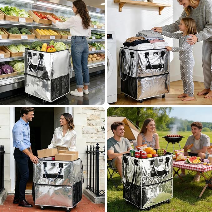 Large Reusable Grocery Bag On 5 Wheels, 130L Foldable Rolling Tote Bag, Heavy Duty Shopping Cart with Multiple Pockets, Zippered Top, Folds Flat for Storage, Shopping, Laundry, Camping, Moving, Silver - Image 7