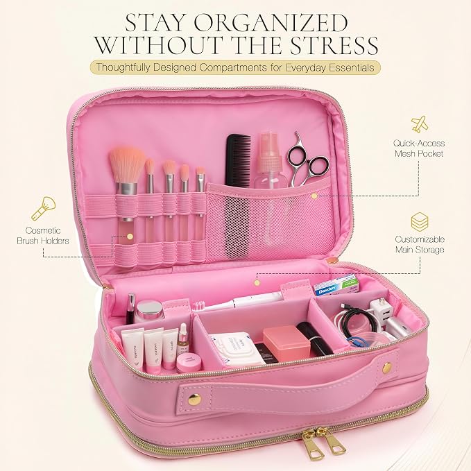 2-in-1 Travel Makeup and TSA Toiletry Organizer for Women – Flexible Compartments, Clear TSA Window, Wipe Clean Vegan Leather, Gift Box Included – Carry-On Approved, Cream - Image 3