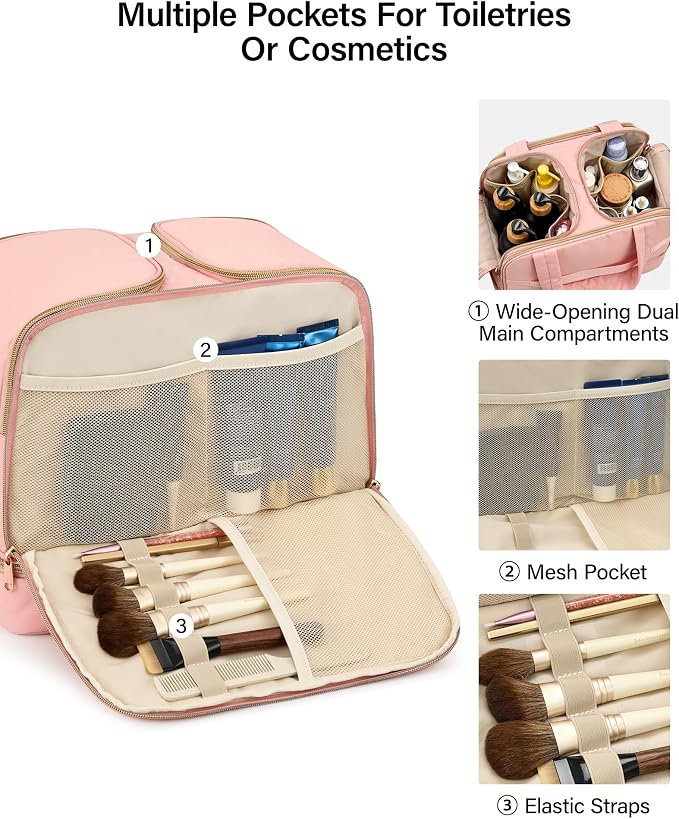 Hanke Travel Toiletry Bag, Lightweight Wide-open Large Toiletry Bags for Women, Dual-Layer Makeup Bag Water-Resistant Cosmetic Travel Bag with Handle for Accessories, Essentials, Pink - Image 4