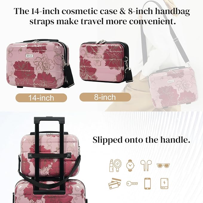 Merax 5 Piece Luggage Set with Spinner Wheels, Light Suitcase 8/14/20/24/28 | Durable Carry on Luggage with Handbag and Cosmetic Case Suitable all Ages,Purple Pink Flower - Image 3