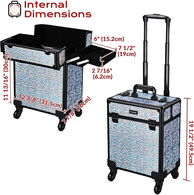 BYOOTIQUE Rolling Makeup Case Cosmetology case on wheels Makeup Artist Nail | Aluminum Rolling Makeup Suitcase with 360° Detachable Wheel Lockable 44Lb Large Capacity Organizer Nail Tech Mermaid Silver - Image 6