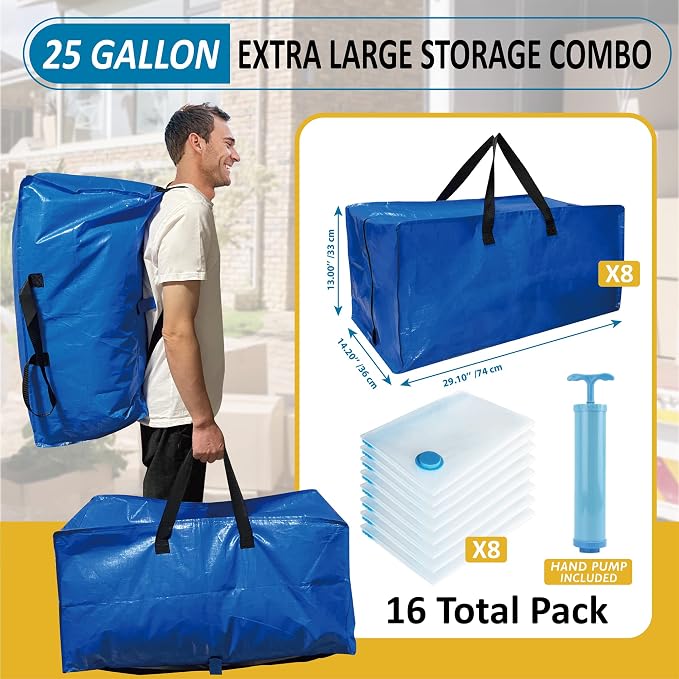 16 Pack Heavy Duty Extra Large Moving Bags with Backpack Straps & Large Vacuum Storage Bags Moving Supply Combo, Moving Totes with Handles & Zippers for Space Saving, Fold Flat, Includes Vacuum Bags - Image 2