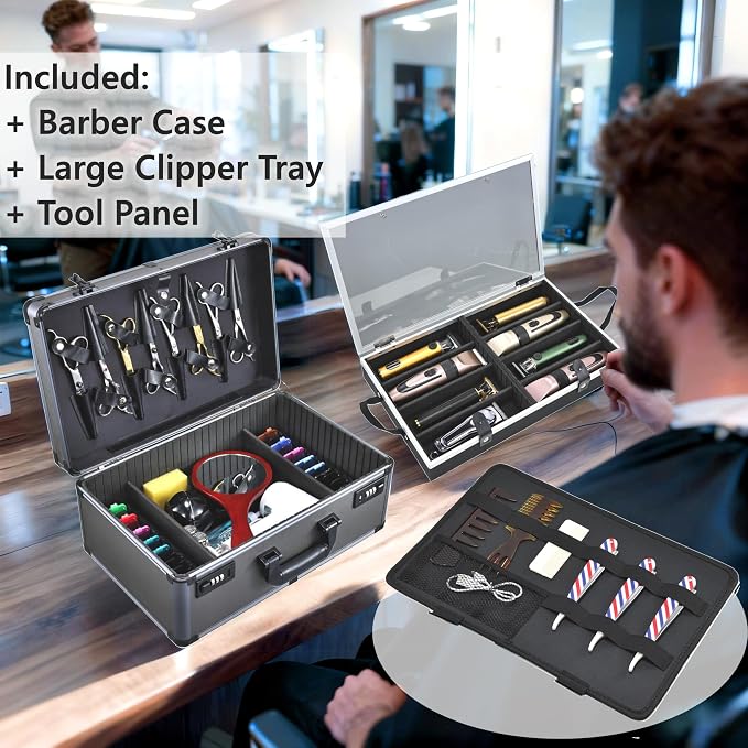 Yueieoun Professional Barber Case - Portable Barber Tool Case Hair Clipper Organizer with Combo Locks, Detachable Trays for Clippers, Shears, Razors, Trimmers - Secure Storage for Barbershop or Travel - Image 2