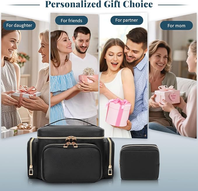 Makeup Bag, 2PCS Leather Large Travel Makeup Bag, Portable Waterproof Makeup Bag Organizer for Women with Makeup Brush Compartment, Cosmetic Travel Bag Vertical Storage Toiletry Bag, Black - Image 8
