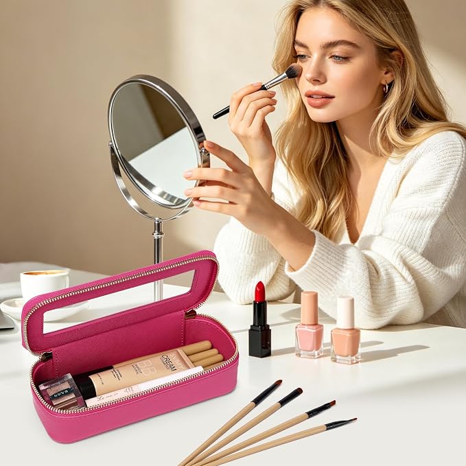 Makeup Brush Bag, Fuxia, SLIM | Clear, Travel Cosmetic Case, Brush Holder, Waterproof, Zipper Purse Organizer - Image 2