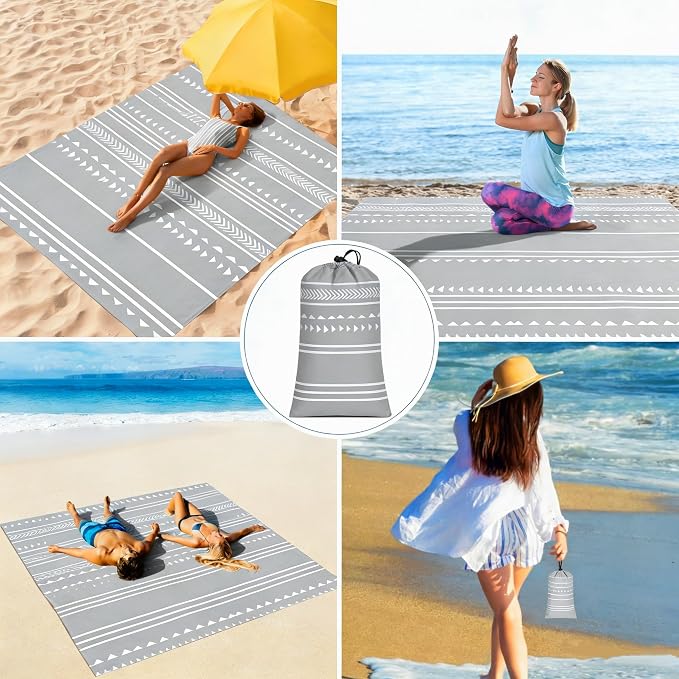 Beach Blanket Waterproof Sandproof, 9x10 FT Extra Large Beach Mat for 2-4 Adult with Stakes & Storage Bag, Sand Free Lightweight Outdoor Picnic Blankets for Travel, Camping, Hiking-Gray Geometry - Image 7