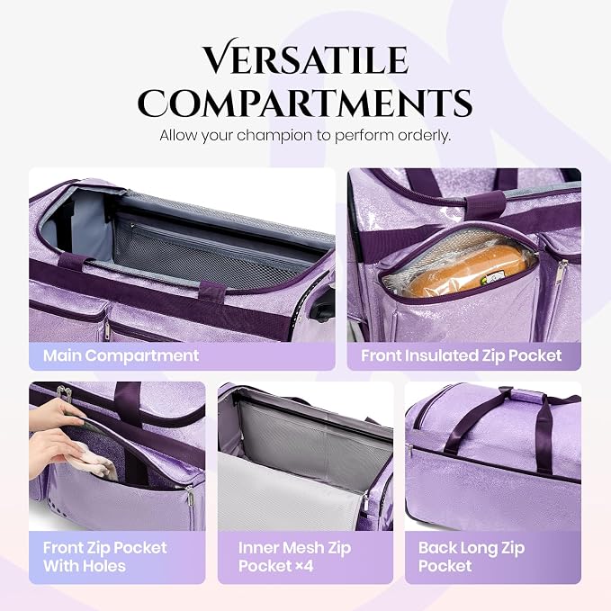 Fanwoli 23" Dance Bag with Garment Rack | Glittering Waterproof Fabric | Shine-Bright Collection | Ideal Competition Rolling Duffle Bag for Dancer Cheerleader Little Princess | Sparkle Purple - Image 5