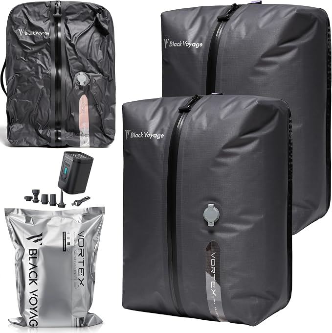 Black Voyage Reusable Vacuum Compression Travel Bag for Carry-On Suitcase and Backpack, Recycled IPX8 Waterproof Space Saver Vacpack (2-Pack, 18L - Pump Included) by BlackVoyage