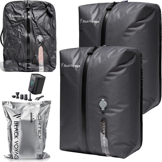 Black Voyage Reusable Vacuum Compression Travel Bag for Carry-On Suitcase and Backpack, Recycled IPX8 Waterproof Space Saver Vacpack (2-Pack, 18L - Pump Included) by BlackVoyage