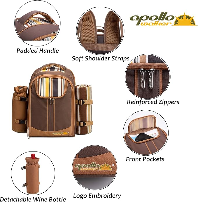 Apollo Walker Picnic Backpack Bag for 4 Person with Cooler Compartment,Wine Bag, Picnic Blanket(45"x53"),Best for Family and Lovers Gifts (Brown) - Image 3