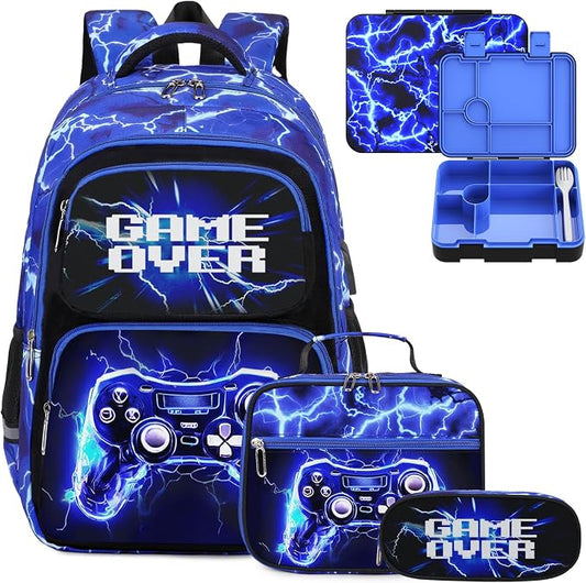 Bevalsa Kids Backpack for Boys with Bento Lunch Box, Insulated Bag & Utensils, 43oz Lunch Containers with 6 Compartment, Gamer Backpack School Bags for Elementary Middle School Student (Lightning) by Bevalsa