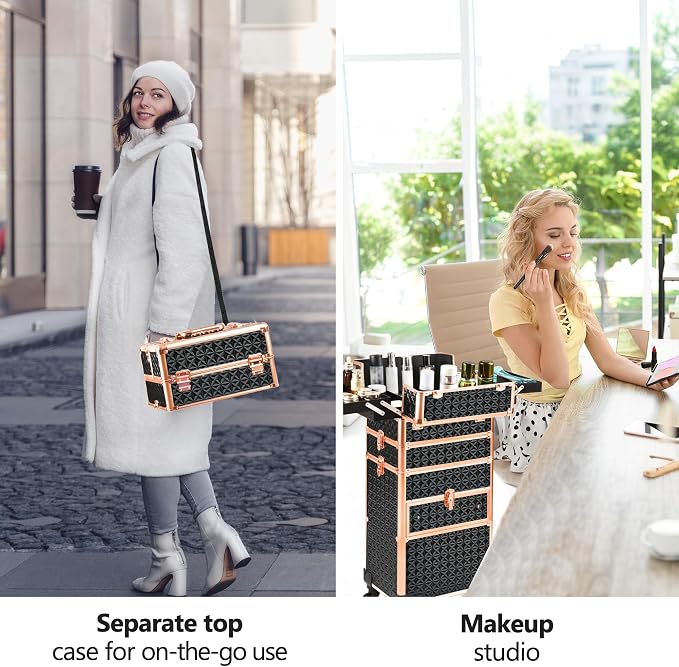 Makeup Train Case with Drawer, Rolling Makeup Case, Cosmetology Case on Wheels, Gift, Large Makeup Case Organizers, Professional for Salon Barber, Nail, Tattoo, Black Gold - Image 7