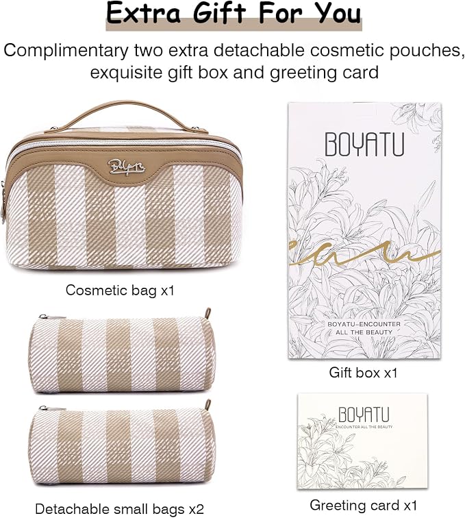 BOYATU Travel Makeup Bag Organizer Cosmetic Bag: 3 Pcs Set Make up Bags for Women with Handle - Waterproof Vegan Leather Toiletry Bags Travel Essentials Pouch with Compartments (F-04-Brown) - Image 6