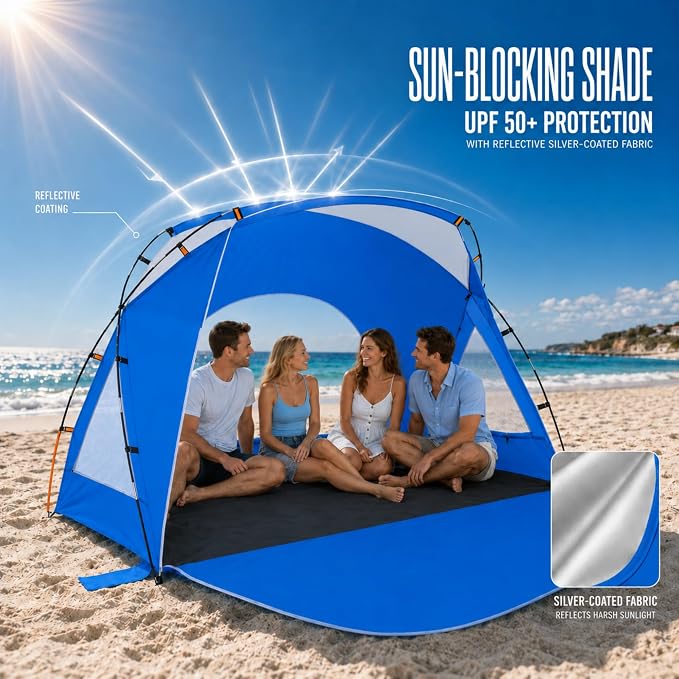 Beach Tent, Portable Sun Shelter for 2/3/4/6-8 Person with UPF 50+ UV Protection, Easy Setup Waterproof Beach Shade Canopy Cabana for Family Outdoor and Picnics, Fishing with Carrying Bag - Image 2