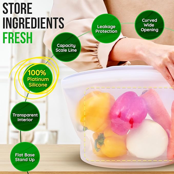 Reusable Silicone Food Storage Bag, 6 Cups, Large Container, Made in Korea BPA-Free Platinum Silicone, Triple-Airtight Freezer Bag, Microwave Safe, Sous Vide, Meal Prep, 51oz, Dry Rose - Image 4