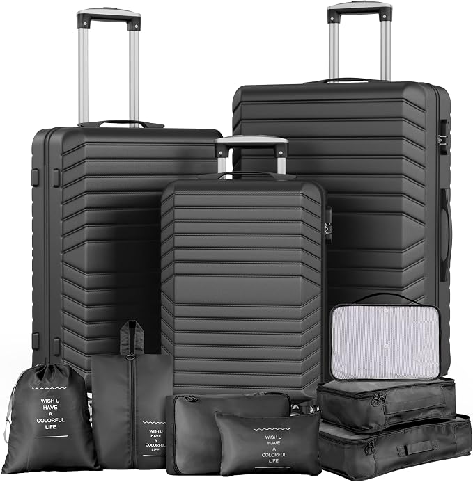 10 Piece Luggage Sets, 3 Piece Suitcase Set, 20 inch Carry on Luggage, 24 inch and 28 inch Checked Luggage with 7PC Packing Bags by Suitour