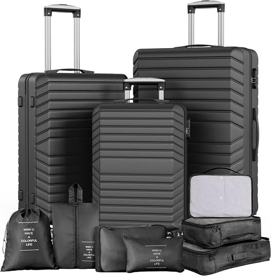 10 Piece Luggage Sets, 3 Piece Suitcase Set, 20 inch Carry on Luggage, 24 inch and 28 inch Checked Luggage with 7PC Packing Bags by Suitour