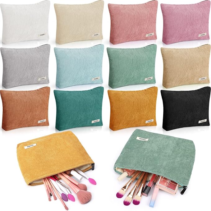 Hillban 12 Pieces Corduroy Makeup Bag Large Cosmetic Bag 10 x 7 Inches Zipper Storage Makeup Pouch Velvet Travel Toiletry Bag Brushes Accessories Organizer Purse for Women Gifts, 12 Colors by Hillban