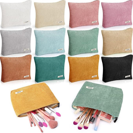 Hillban 12 Pieces Corduroy Makeup Bag Large Cosmetic Bag 10 x 7 Inches Zipper Storage Makeup Pouch Velvet Travel Toiletry Bag Brushes Accessories Organizer Purse for Women Gifts, 12 Colors by Hillban