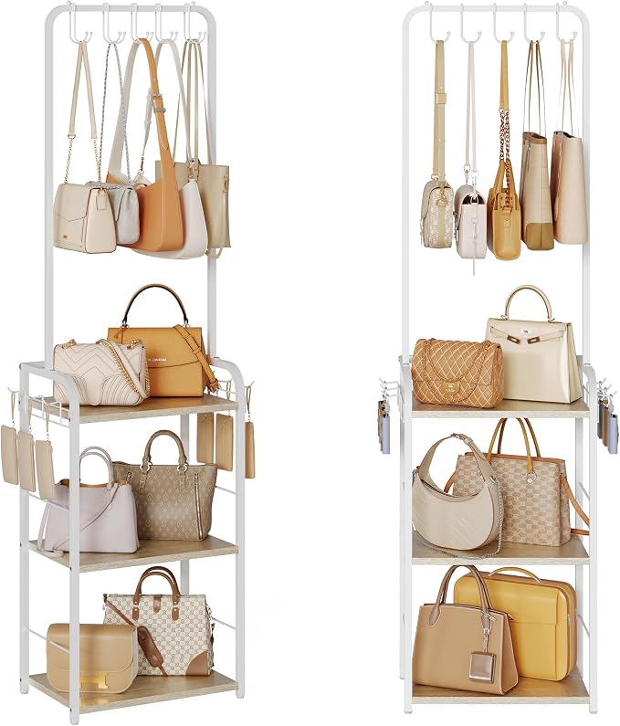 Hayexiha Tall Purse Organizer with Wood Shelves, Heavy Duty Metal Floor-Standing Handbag Storage Rack Stand for Women, Narrow & High-Capacity Bag Hanger Organizer for Closet, Bedroom, Small Space by Hayexiha