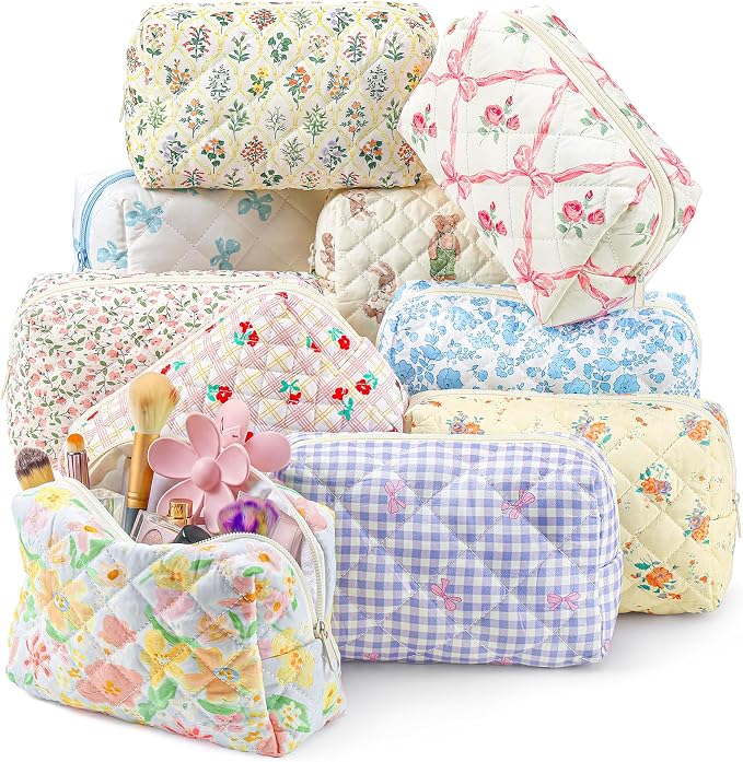 Paterr 10 Pcs Quilted Makeup Bag Bulk Cotton Floral Cosmetic Bag Women Girls Bridesmaid Gifts Cute Makeup Pouch Coquette Aesthetic Travel Toiletry Organizer (Mix Print,7.09 x 4.33 x 2.76 Inches) by Paterr