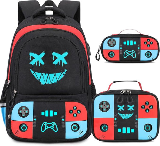 Bevalsa Backpack for School Boys, Cool Luminous Gamer Boys Schoolbag with Lunch Box & Pencil Case Set for Kids Teens Elementary Middle School, Bookbag Glow In The Dark(Red Blue Smile Backpack) by Bevalsa