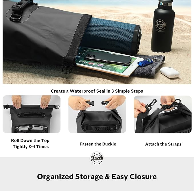 STOVER 5/10/25/30/40L Waterproof Dry Backpack & Phone Case- Large Floating Dry Bag for Kayaking, Travel, Hiking, Fishing, Camping, Motorcycles & Beach, Heavy-Duty Roll Top Men/Women (Black) - Image 5