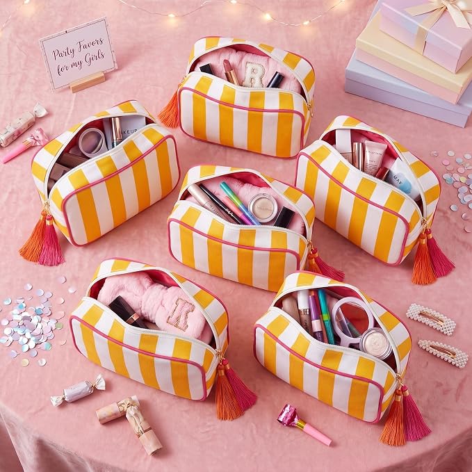 Kacctyen 6 Pack Orange and White Striped Makeup Bag bulk with Tassel Travel Cosmetic Pouch Organizer Large Zipper Toiletry Case for Women Aesthetic Storage Pouch Mahjong Tile Bag - Image 4