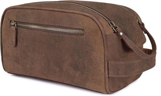 Leather Toiletry Travel Bag with Waterproof Lining, Large Capacity Vintage Dopp Kit, Shaving & Cosmetic Organizer for Men & Women - Brown by LeatherLatch