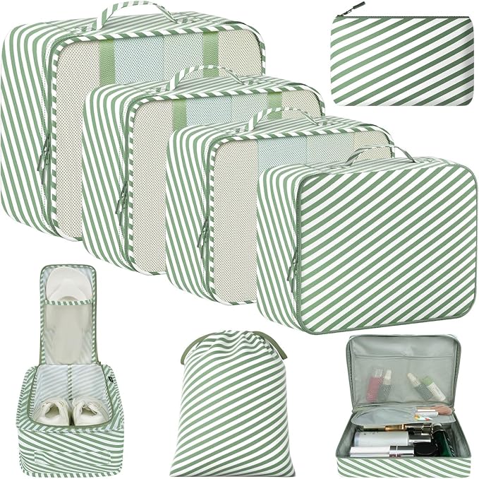 BAGAIL 8 Set Packing Cubes Luggage Packing Organizers for Travel Accessories-White and Matcha Stripe by BAGAIL