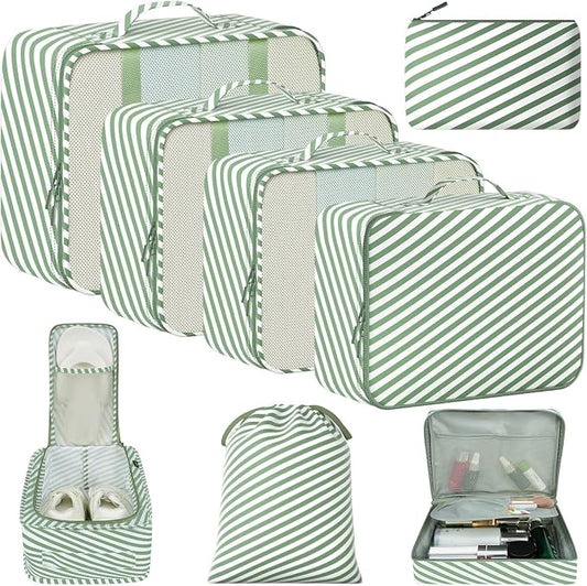BAGAIL 8 Set Packing Cubes Luggage Packing Organizers for Travel Accessories-White and Matcha Stripe by BAGAIL