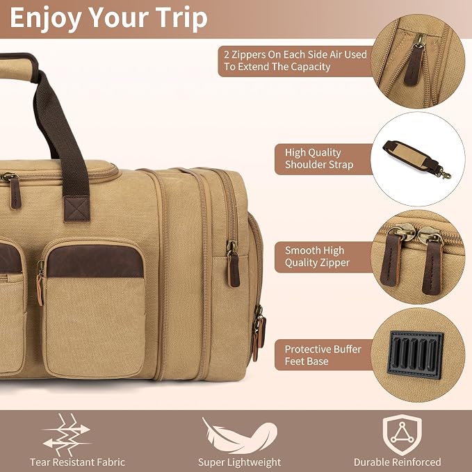 Mens Duffle Bag for Travel 60L Expandable Canvas Weekender Overnight Travel Duffel Bag with Shoe Compartment Carry-On for Airplanes Khaki - Image 2