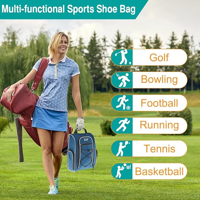 Wolt |Golf Shoe Bag for Travel- Zippered Shoes Carrier Bags with Ventilation & Double Outside Accessory Pocket for Socks, Tees, Golf Balls, Etc. for Women and Men (DarkBlue) - Image 6