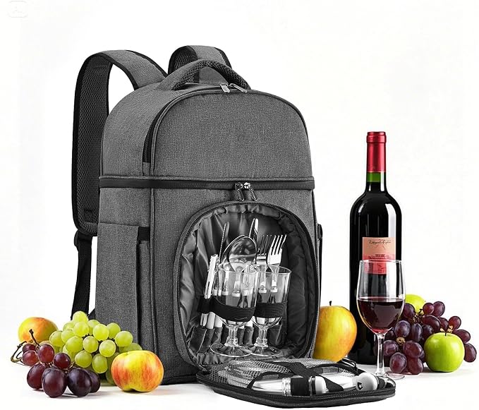 Vogano Picnic Backpack & Accessories – Insulated Picnic Set for 2 Person with Dual Compartments, Lightweight Blanket, Cutlery Set, for Newlyweds and Couples Gifts Grey - Image 8