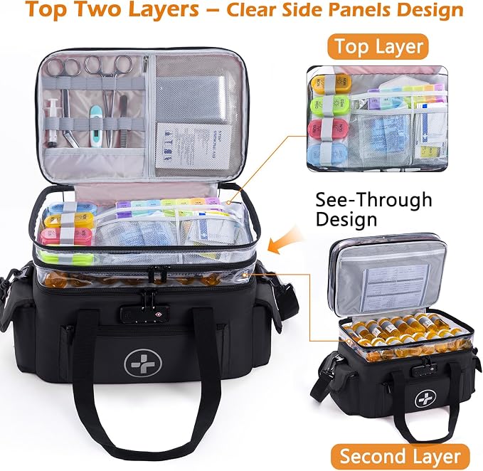 BAGSFY 3-Tier Medicine Organizer with Combination Lock – Large Medicine Bag, Empty First Aid Kit Case, Pill Bottle Medical Supply Organizer, Travel Prescription Bag, Medication Storage Container - Image 3