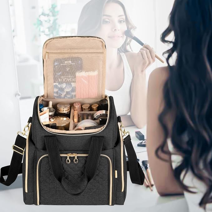 LUXJA Travel Makeup Bag with 2 Removable Makeup Cases, Black | Large Cosmetic Bag with Multiple Storage Sections, 3 Detachable Dividers, Detachable Shoulder Strap, Trolley Sleeve - Image 8