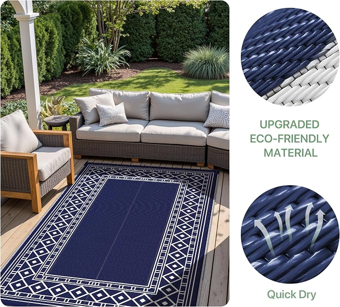 GENIMO Outdoor Rug Waterproof for Patio Decor, 9'x12' Foldable Reversible Plastic Straw Carpet for Travel Trailers, Outside Area Mat for Rv, Deck, Picnic, Porch, Camper, Balcony, Beach, Blue & White | Outside Larger Modern Carpet Mat for Porch Decor, D... - Image 7