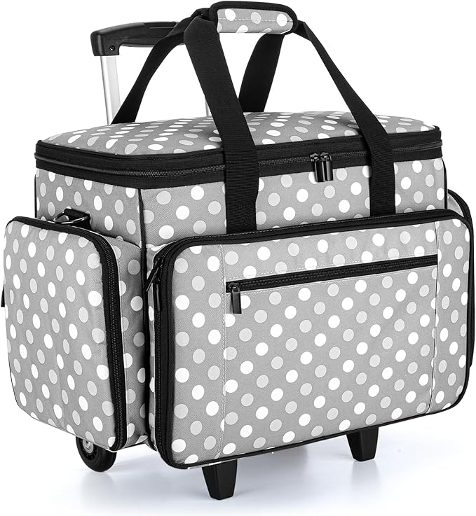 LUXJA Sewing Machine Case with Detachable Dolly, Gray Dots | Rolling Tote with Removable Bottom Pad for Most Standard Sewing Machines, Patented Design by Luxja